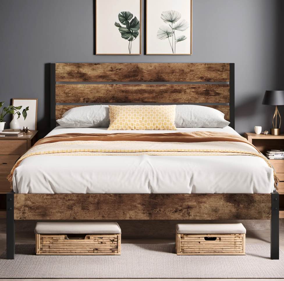 Lifezone Queen Bed Frame with Rustic Vintage Wood Headboard and Footboard,Metal Support,Rustic Brown