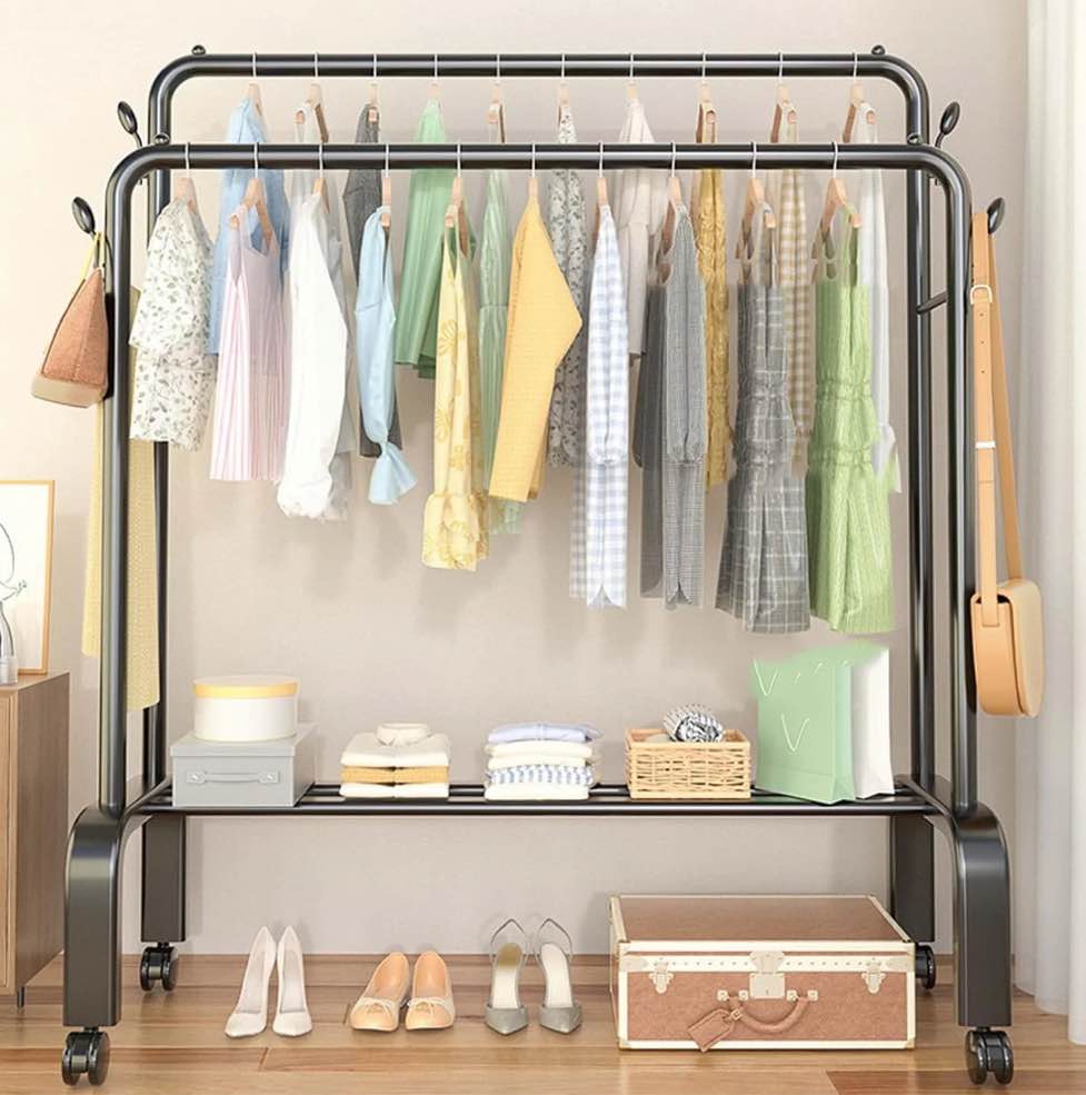SUSUZI 51” Double Rods Clothes Rack with Wheels – 150LBS Capacity Garment Rack for Hanging Clothes, 4 Hooks & Bottom Storage , Bedroom/Closet Use
