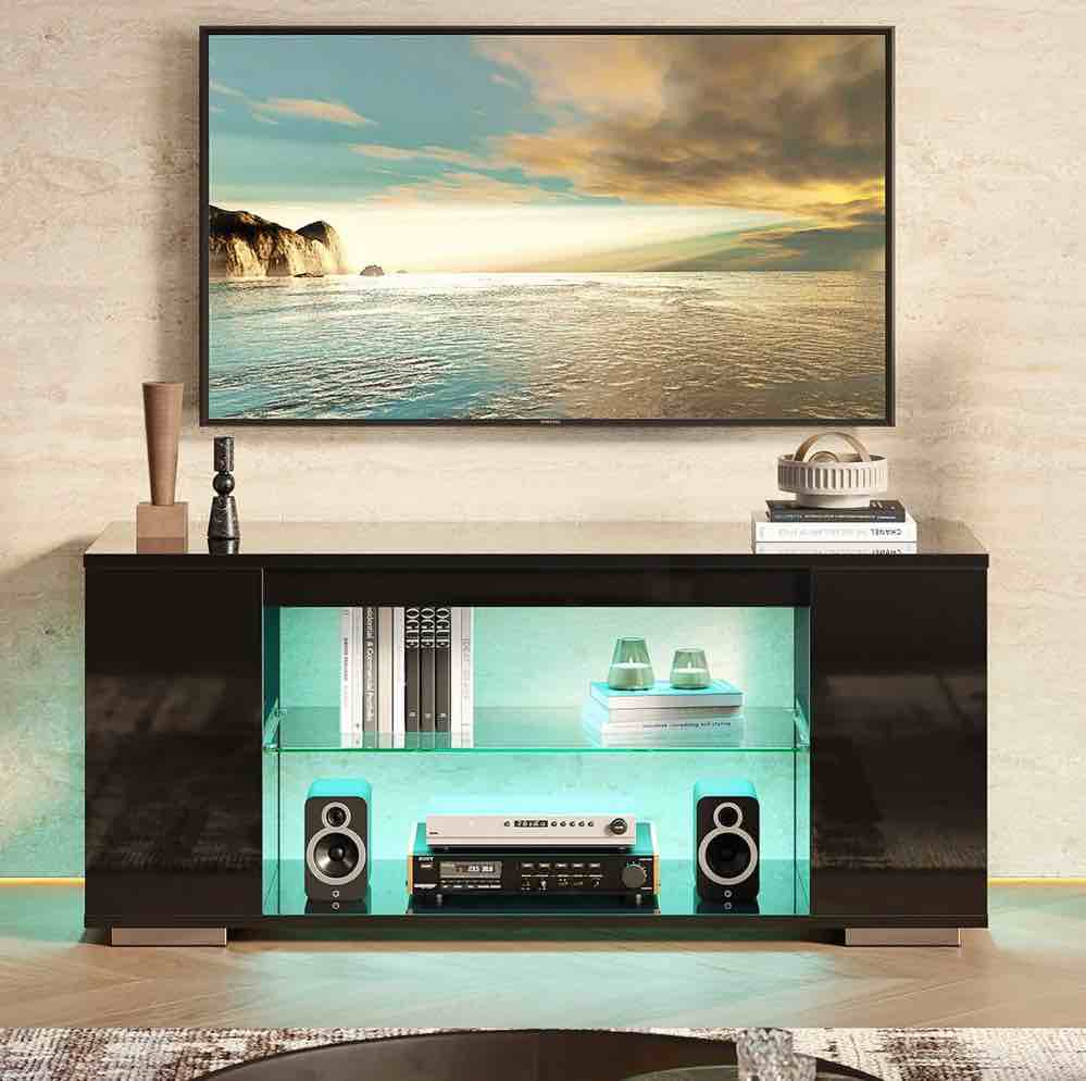 Pinmoco 47'' TV Stand for TVs up to 55", Gaming Entertainment Center with LED Lights, Black