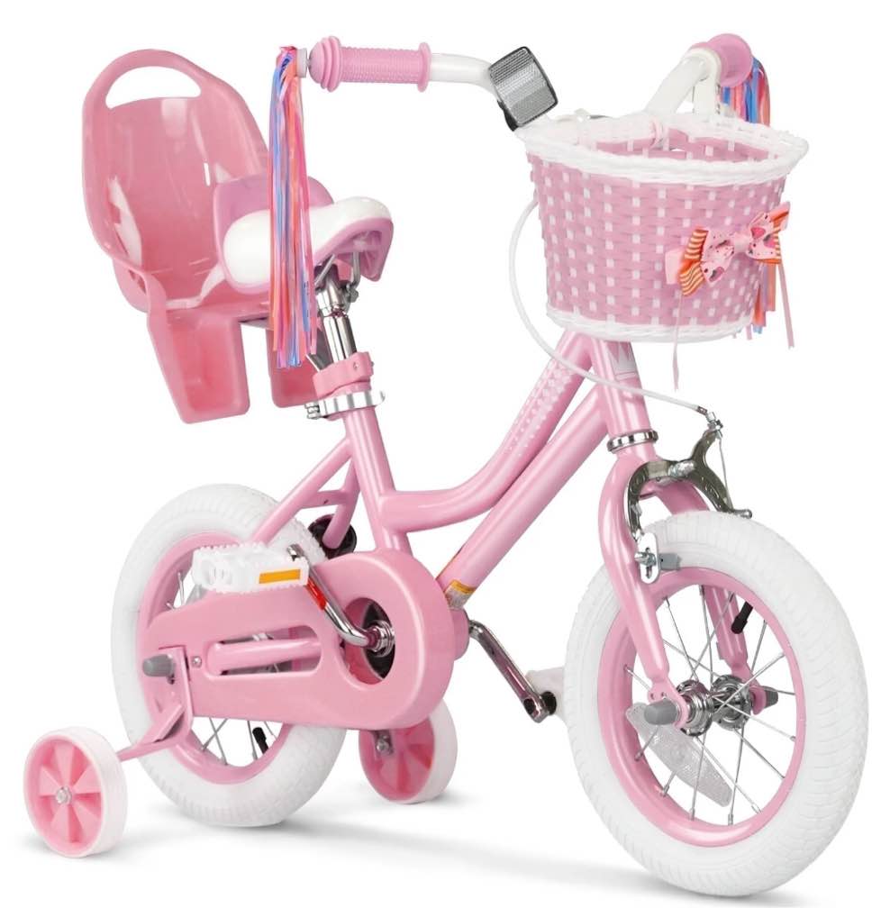 XJD Girls Bike for Toddlers 3-9 Years Old Kids, 12 Inch Kids Bike with Training Wheels, Streamers, Basket and Doll Seat, Children Bicycles with Handbrake