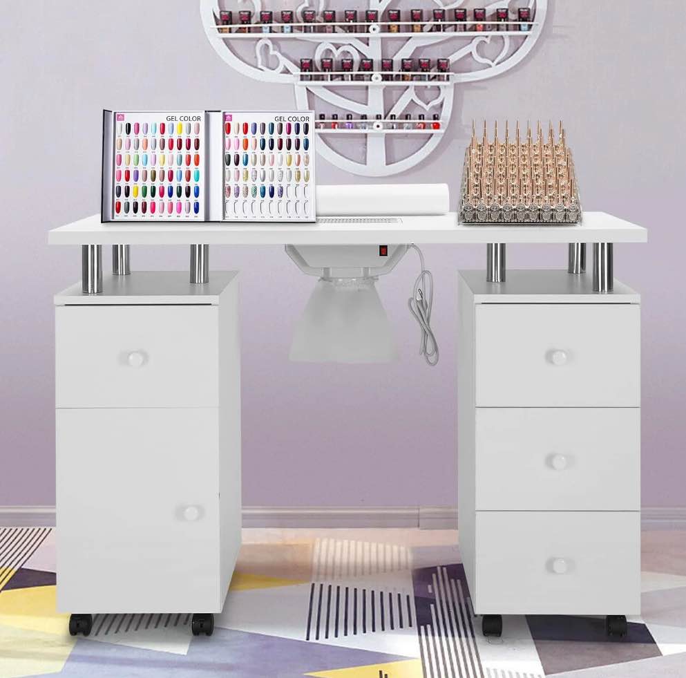 Ktaxon Nail Desk Manicure Table Storage Station with 4 Drawers, Lockable Wheels, White