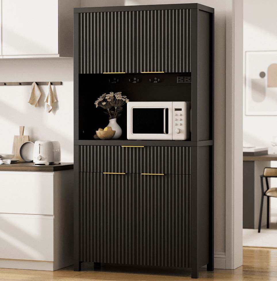 Laintene Fluted Pantry Storage Cabinet, 71" Tall Kitchen Cabinet with Charging Station, Adjustable Shelves, Drawer and Open Countertop, Wood Hutch for Dining Living Room, Black