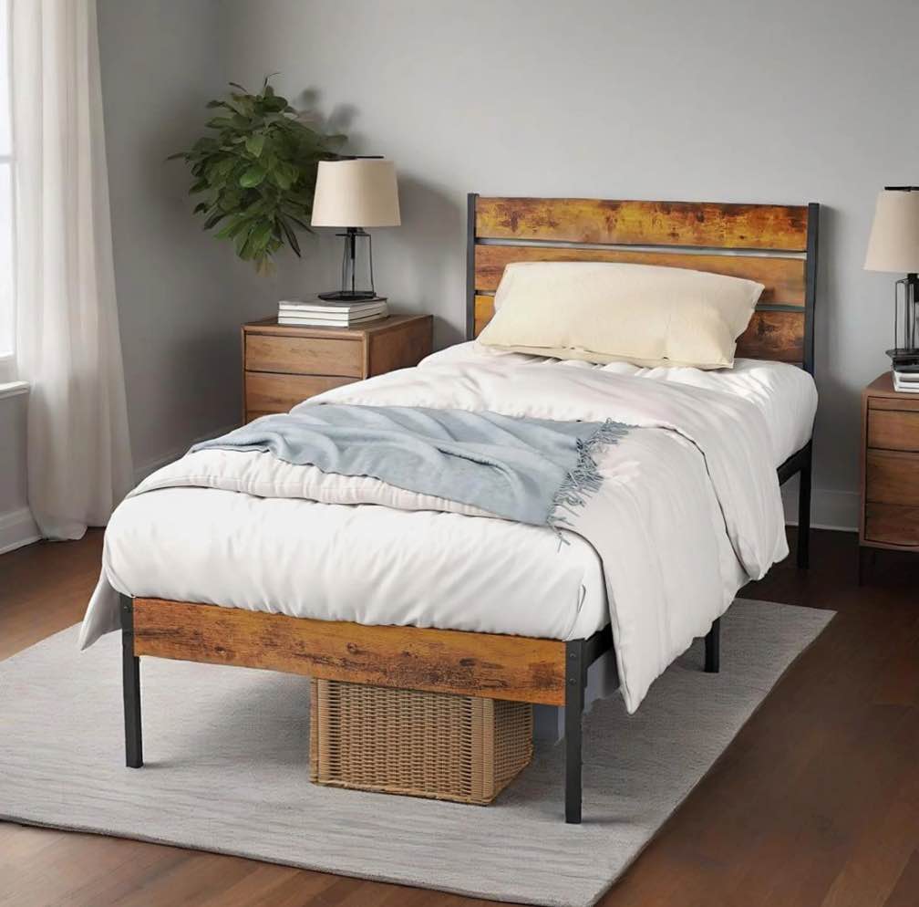 CONCETTA Twin Size Metal Platform Bed Frame, Headboard and Footboard, No Box Spring Needed Sturdy Wooden Slats Support, Rust
