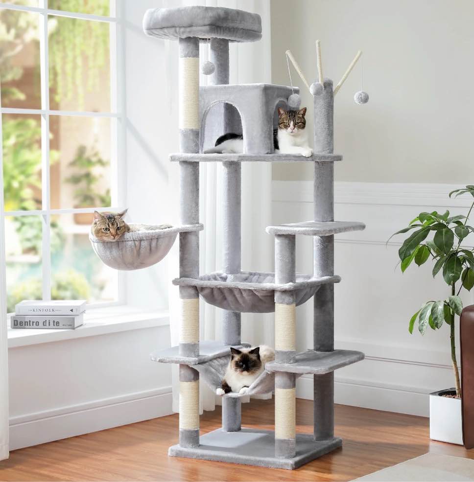 PAWZ Road Cat Tree 69" Large 6-Level Cat Tower with Hammock Perch and 5 Scratching Posts for Indoor Cats, Gray