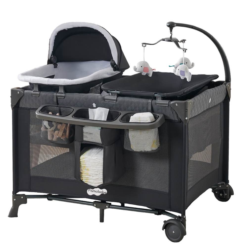 Pamo Babe 4-in-1 Baby Playard with Bassinet & Changing Table for Newborn,Grey