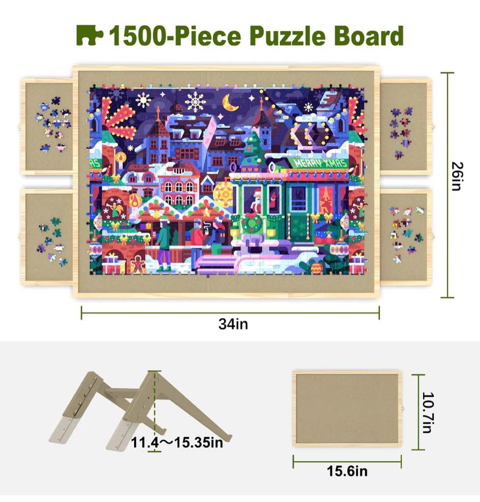 1500 Piece Puzzle Board with Drawers and Cover, Adjustable Tilting Puzzle Board, Portable Wooden Jigsaw Puzzle Table for Adults as a Gift