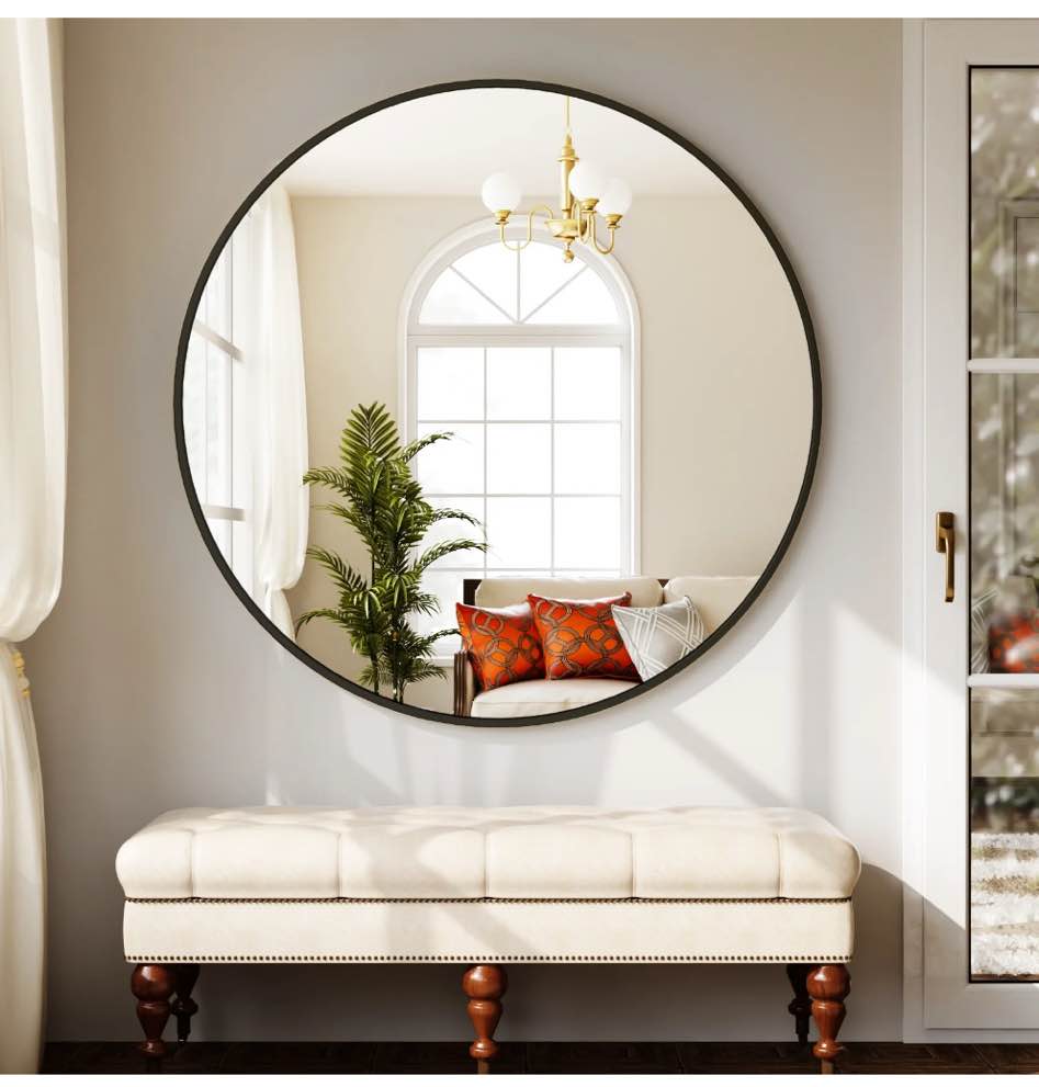 YVANLA 32" Rounded Bathroom Wall Mirror Vanity Mirror,Black