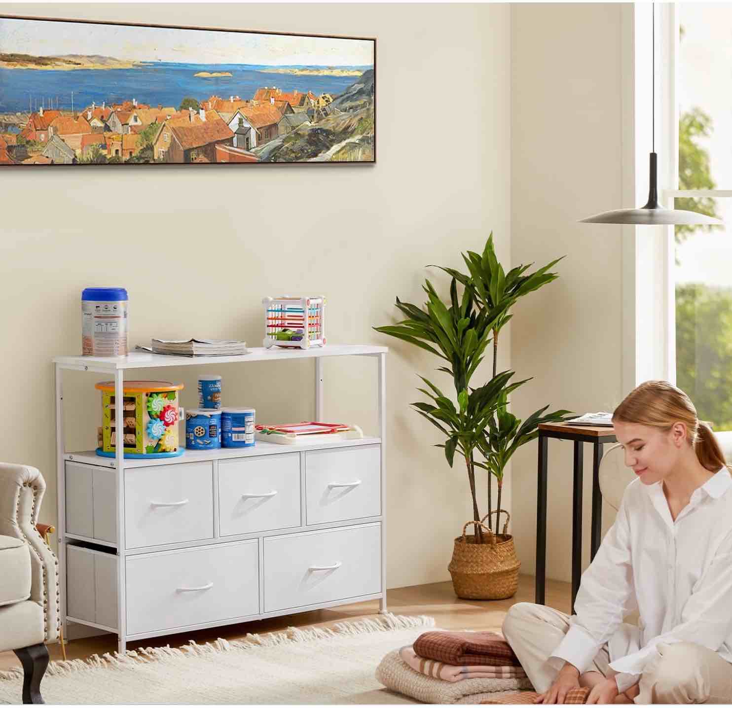 EDX Dresser TV Stand, Entertainment Center with 5 Fabric Drawers, Media Console Table with Open Shelves for TV up to 45 inch for Bedroom, Living Room, Entryway, White