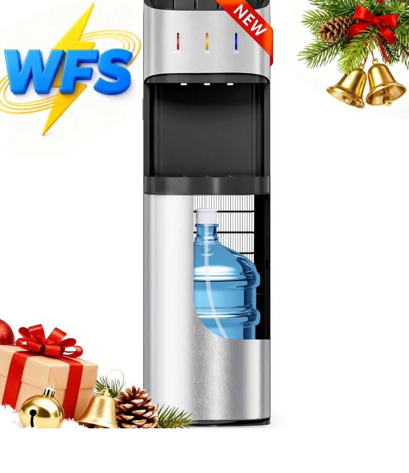 Patiosunny Bottom-Loading Water Dispenser, 3 Temperatures (Hot, Room and Cold), Child Safety Lock, LED Display with Water Shortage Alert, Silver