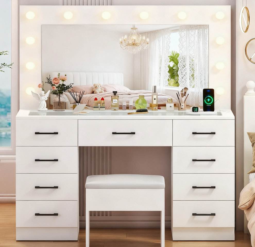 Ktaxon Large Makeup Vanity, Get Ready with Me GRWM Vanity Table Set w/ Visible Glass Top w/ Charging Station, White