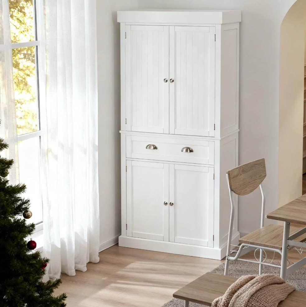 Ktaxon 72  Kitchen Pantry Storage Cabinet with 4 Doors Large Drawer and Adjustable Shelves for Living Room  White