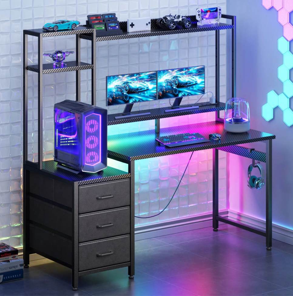 Casacomoda 48 inch Gaming Desk with LED Lights & Power Outlets, Home Office Desk with Reversible Storage Drawers & Monitor Shelves, Gaming Table for Small Space, Carbon Fiber  Black