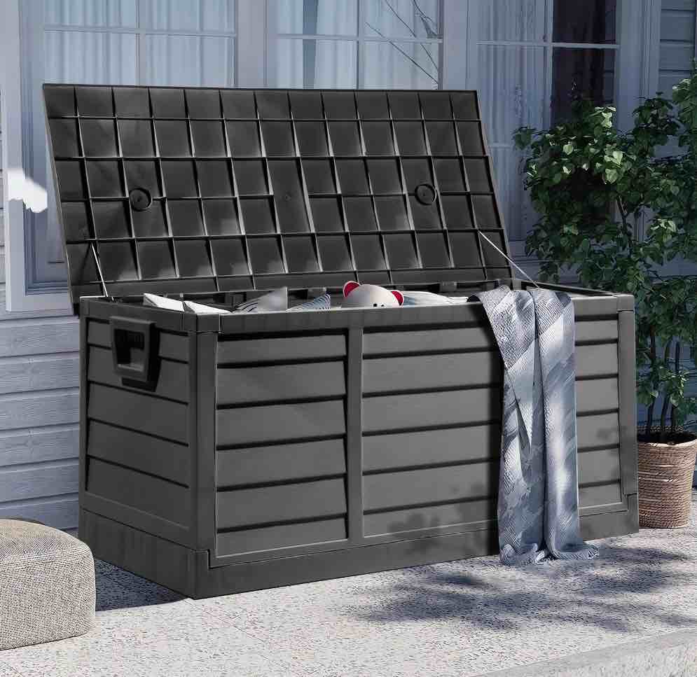 Ktaxon 75gal Outdoor Storage Deck Box Collapsible Garden Resin Deck Box Pre-installed,Space Saving & Easy Set Up - Black