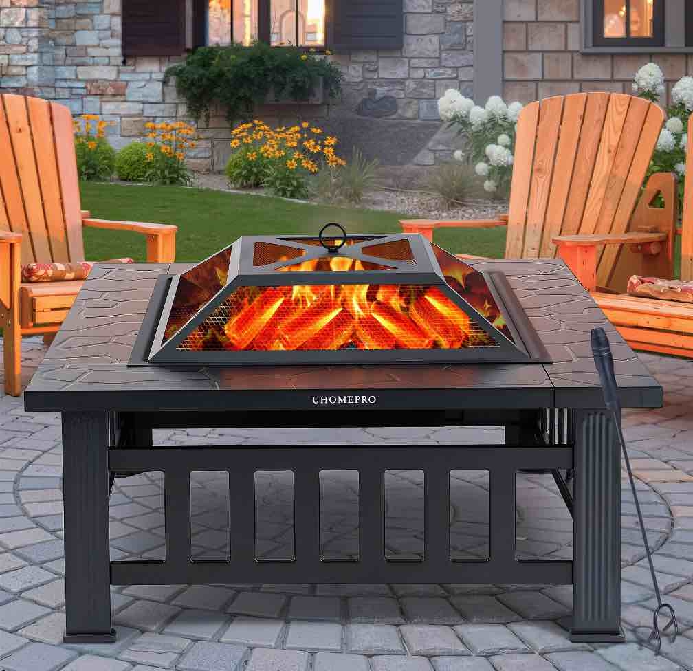 Fire Pits for Outside, 32" Wood Burning Fire Pit Tables with Screen Lid, Poker, BBQ Net, Ice Tray, Food Clip and Cover, Backyard Patio Garden Outdoor Fire Pit/Ice Pit/BBQ Fire Pit, Black