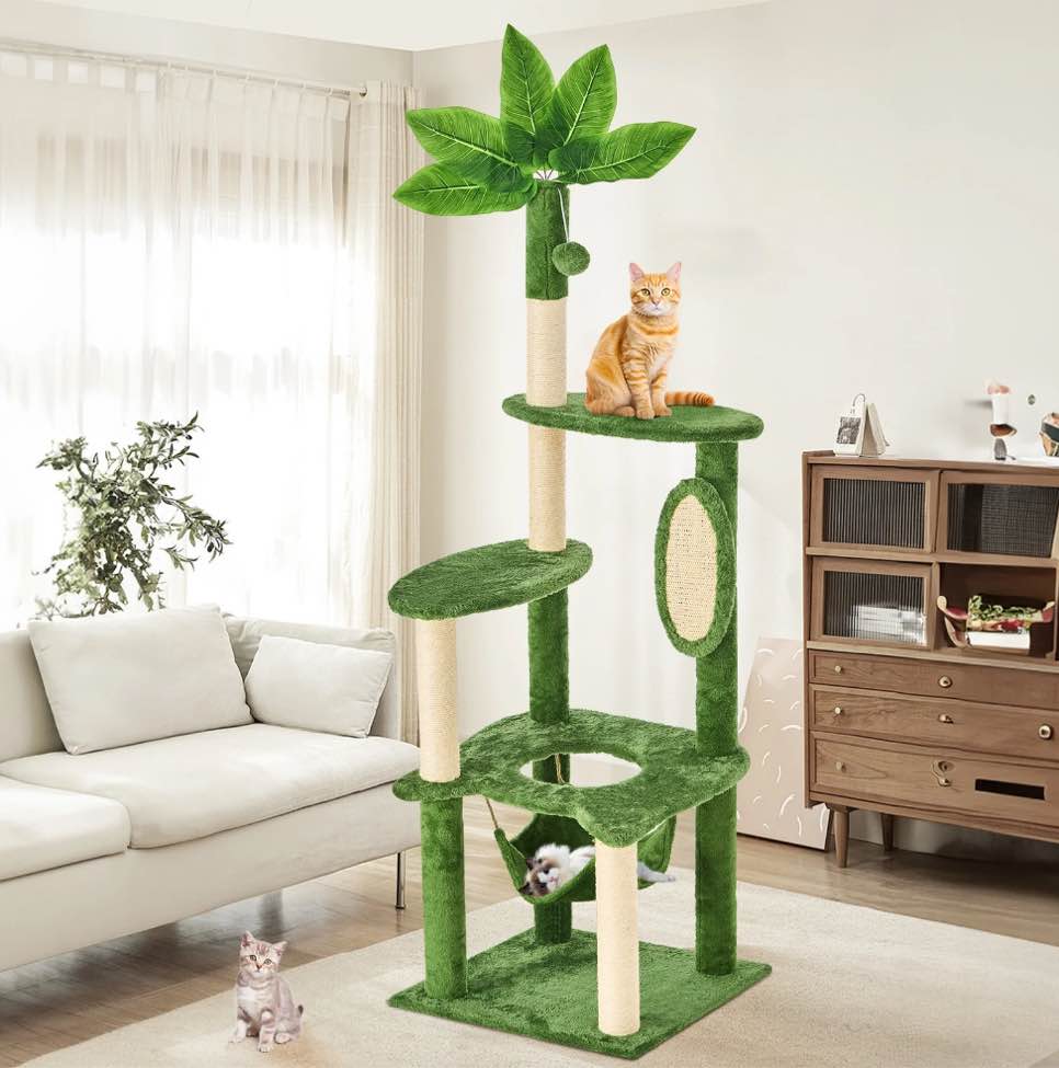 NINESHI 60" Cat Tree for Indoor Cats with Green Leaves, Multi-Level Large Cat Tower with Hammock, Plush House w/ Hang Ball Toy and Scratching Posts, Green