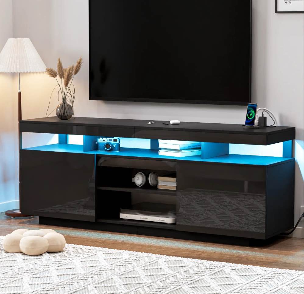 Hommpa LED TV Stand for TVs up to 70" with Power Outlets Modern Entertainment Center High Gloss Large TV Cabinet Adjustable Shelf PS5 Storage Gaming Media Console