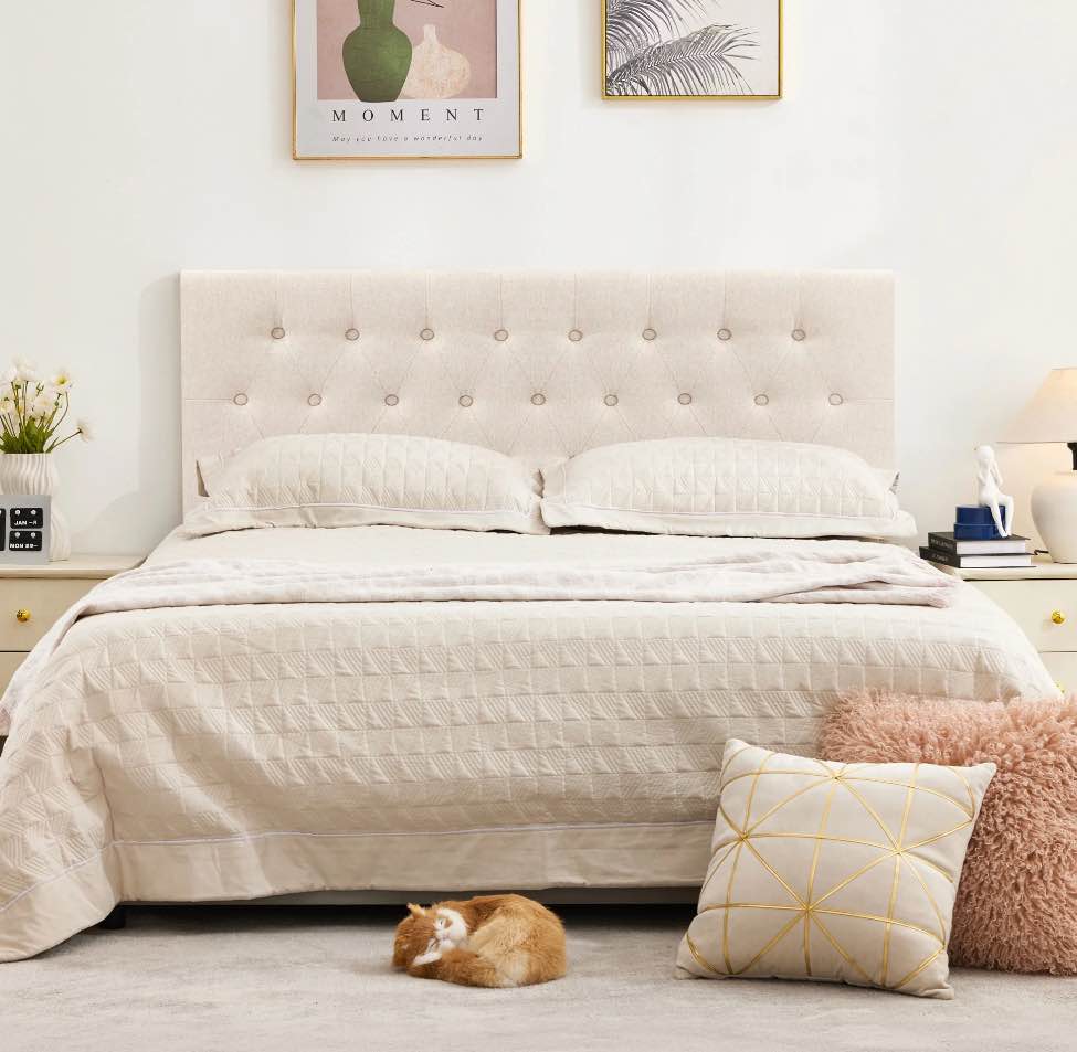 JONPONY Tufted Upholstered Headboard Queen Size, Solid Wood Head Board with  Adjustable Height  Headboard from 37" to 51",Bed Frame Adapters,Beige,Headboard Only