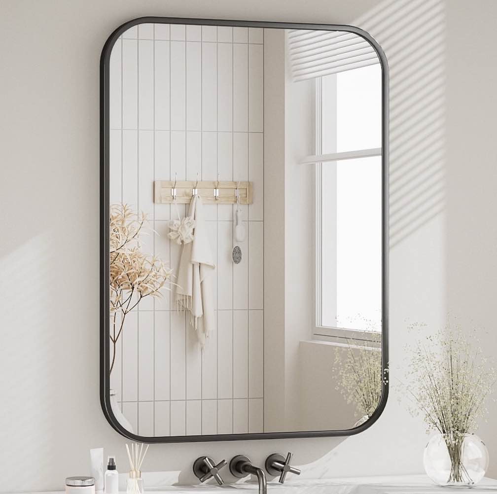 BEAUTYPEAK 20"x28" Wall Mirror Rounded Corners Hanging Vanity Mirror Black