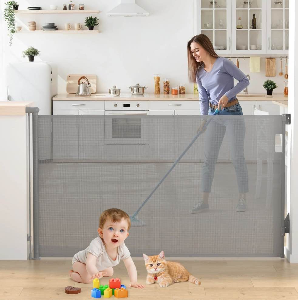 Vomeast Retractable Gates,Extends up to 71in Wide,37.4in Tall Baby Safety Gates Dog Gate for Doorways Stairs(Grey)