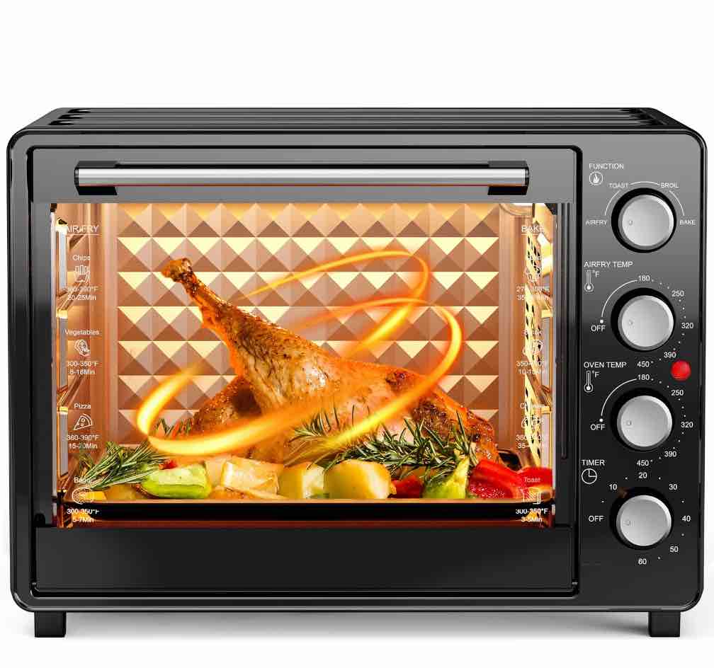 34 qt super-large  air fryer, oil-less air fryer toaster oven combo with pizza, warm, broil, toast, bake, air fry, 5  functions - black