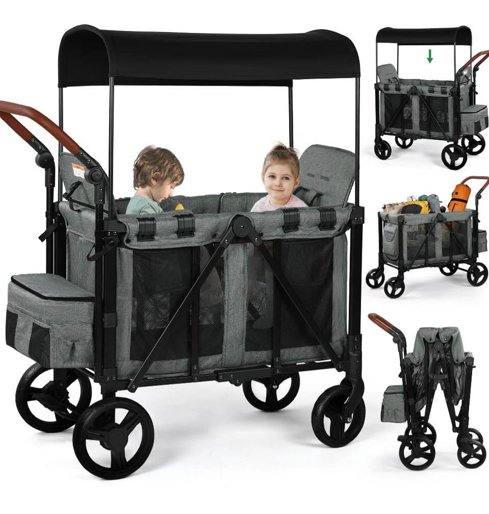 Vomeast Wagon Stroller for 2 Kids, 3-in-1 Stroller Wagon with Canopy, 5-Point Harness, Adjustable Handlebars, Removable Seat for Toddlers, Grey