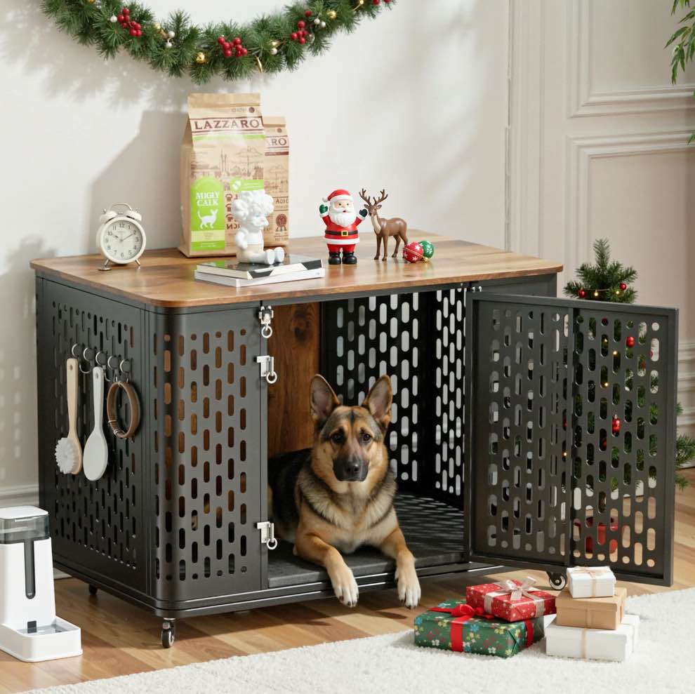 Naipo 43.7  Heavy Duty Large Dog Crate Furniture  Indestructible Metal Kennel for High Anxiety Dogs  Chew Proof Indoor Dog Cage  Decorative End Side Table Rustic Brown