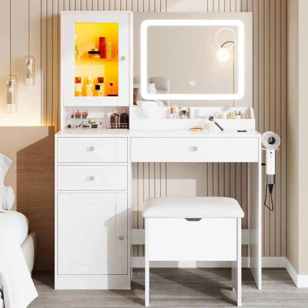 uhomepro vanity set with mirror, white makeup desk with charging station and led strip, makeup dressing table set for women, ladies gifts