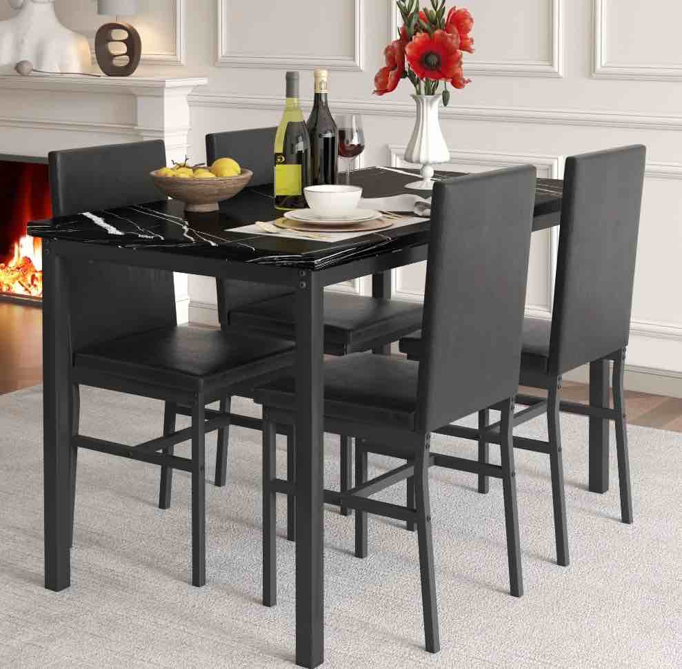 5 piece dining table set, modern faux marble tabletop and 4 pu leather upholstered chairs, rectangle kitchen table and chairs for 4 persons, small dining set for bar dining room breakfast nook