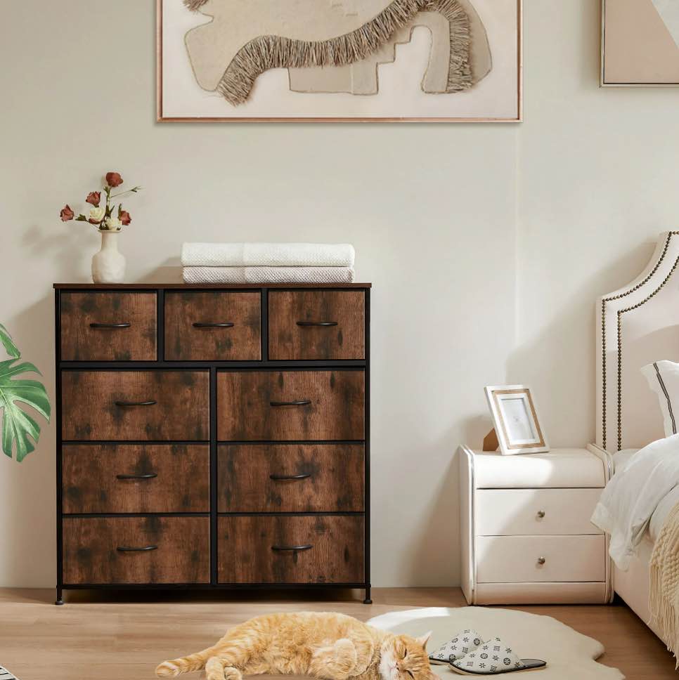 concetta 9-drawer fabric dresser, tv cabinet sideboard, storage organizer cabinet for living room, bedroom, office, rust