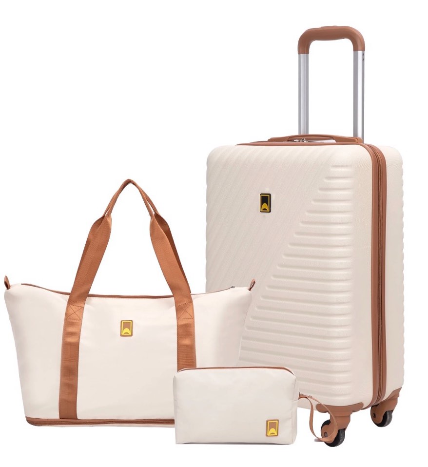 3 piece carry on luggage sets, hardside suitcase set with double spinner wheels, expandable travel bag and toiletry bag, white
