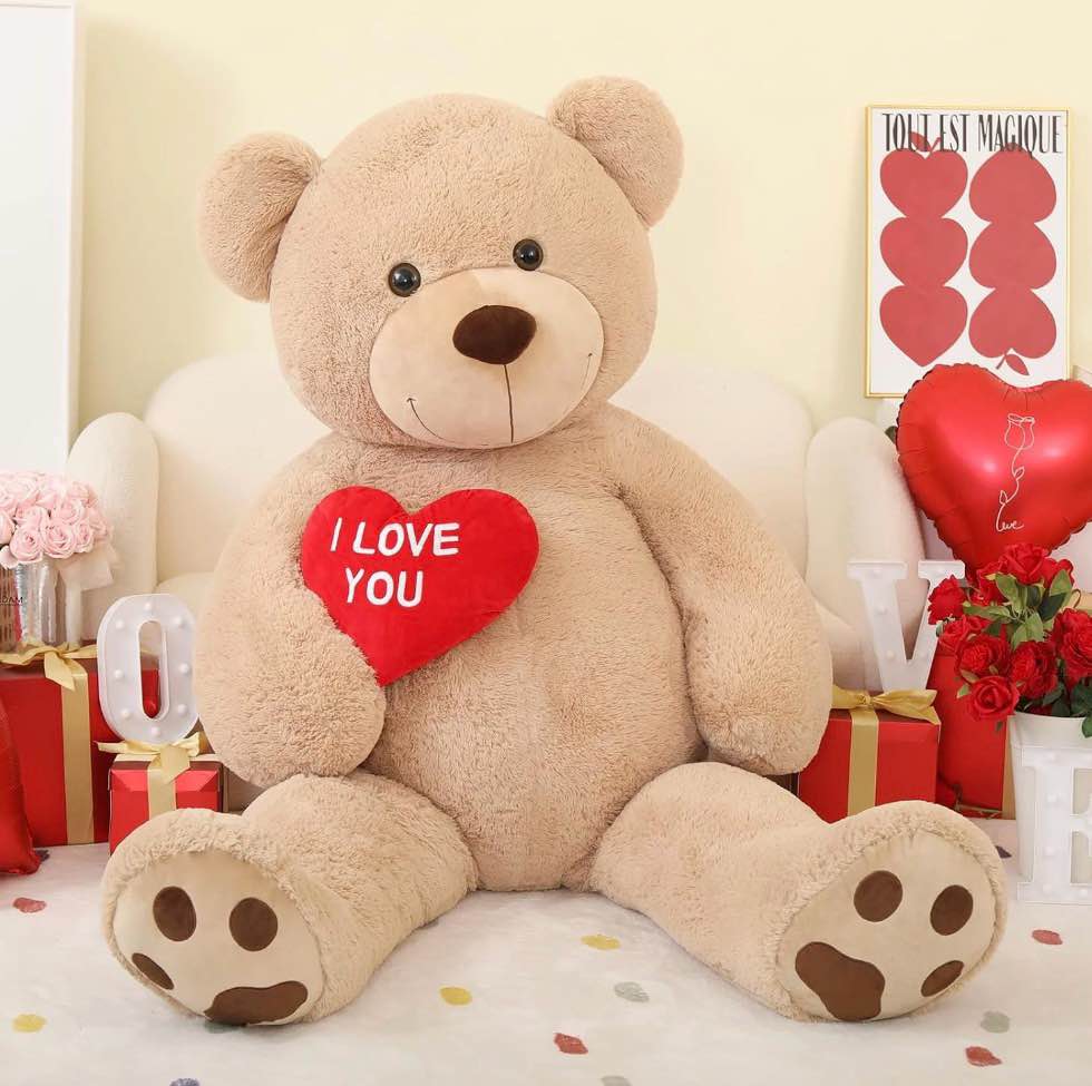 morismos brown giant teddy bear 6ft stuffed animal "i love you" red heart jumbo human size teddy bear