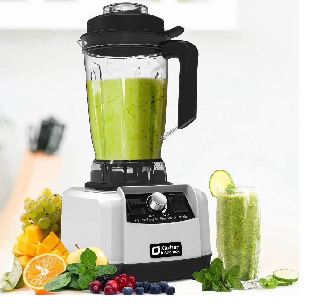 kitchen in the box 68 oz high-power countertop blender, 1450w (2 hp) professional smoothie & ice-crushing blender with 8-point stainless steel blades, bpa-free tritan jar — silver
