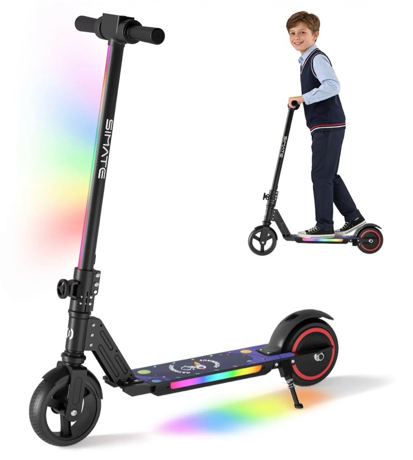 simate electric scooter for kids ages 6-14 kick scooter with led display & colorful lights dual braking system & foldable 130w powerful motor top 8.7mph & 5 miles