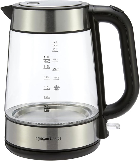 amazon basics electric kettle with glass carafe for tea and coffee, bpa-free, fast boiling, auto shut-off, boil-dry protection, water level indicator, 1.7 liter, 1500w, black and silver