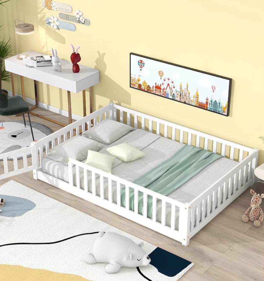 paproos full size floor bed, solid wood floor platform bed with slat, fence guardrail and door, no box spring needed, toddler bed montessori bed, full bed frame for kids, boys, girls, white