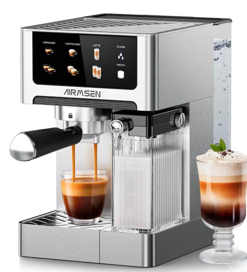 airmsen espresso machine with color touchscreen, 20 bar cappuccino latte machines with automatic milk frother, dual boiler stainless steel espresso maker for home, 1350w