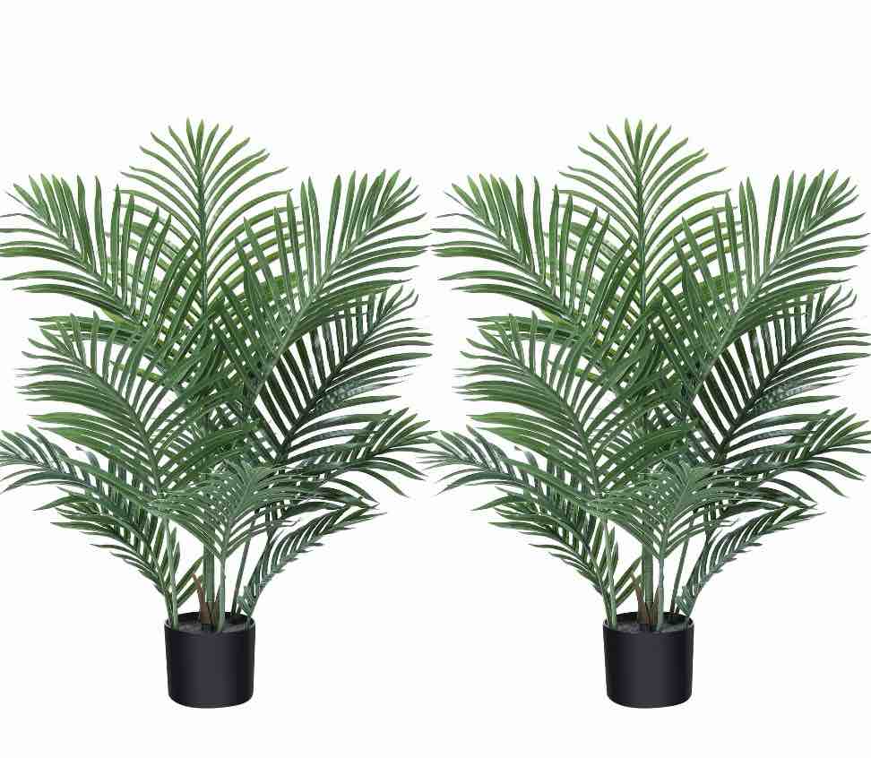 2 pack 3 feet fake majesty palm plant artificial majestic palm faux ravenea rivularis in pot for indoor outdoor home office store, great housewarming gift, set of 2