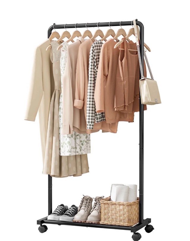 sakugi clothes rack with wheels, clothing racks for hanging clothes and shoes, black
