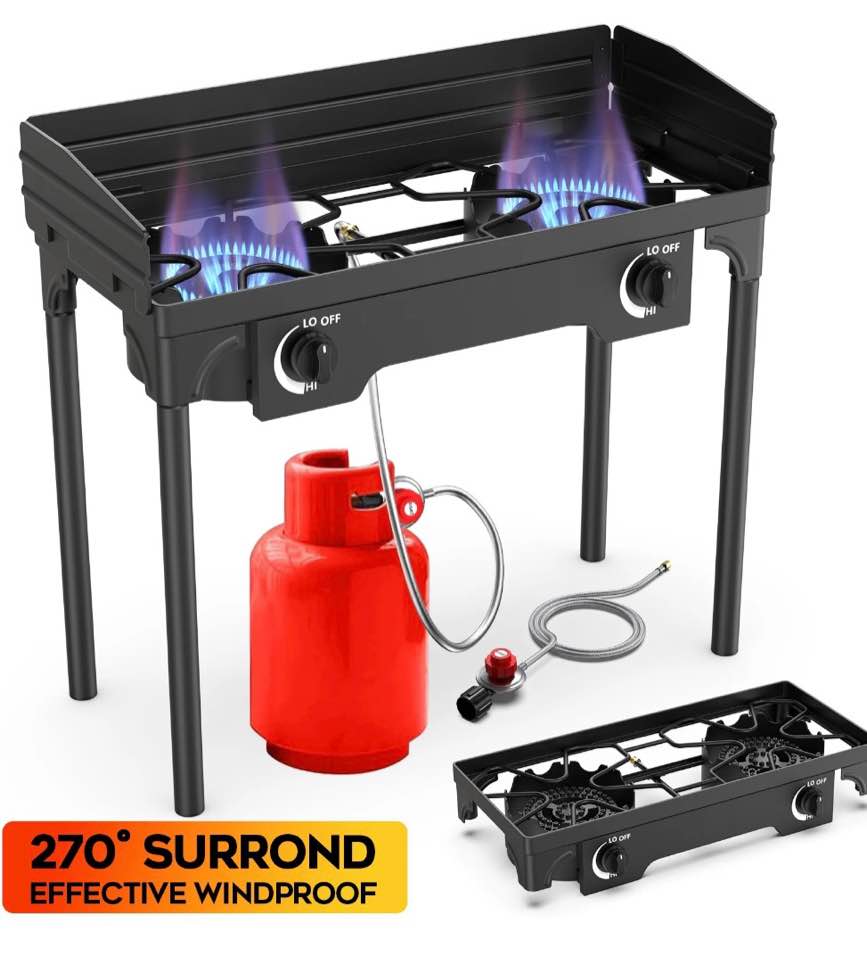 lnow gas cooker outdoor propane camping stove with wind panel picnic stove stand bbq grill portable 150000 btu gas stove 2 burner for camping