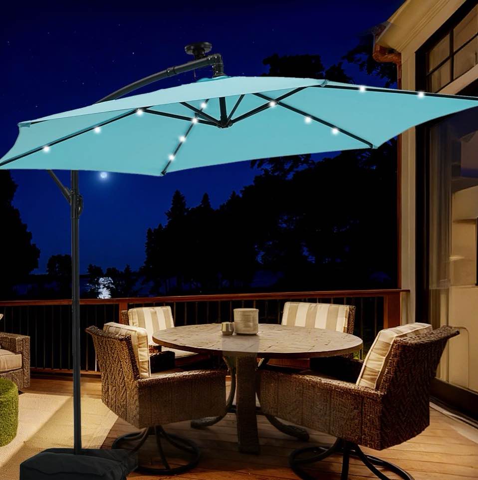 autlaycil 10 ft cantilever offset outdoor patio umbrella with base stand rotate and tilt,24 solar led lights, blue