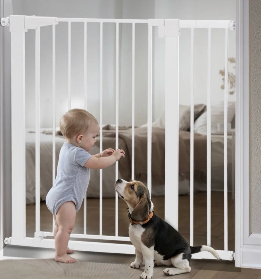 baby safety gate, caveen 36" tall, 29.5-40.6" for stairs and doorway,pressure mount baby gate for ages 6 to 36 months, white