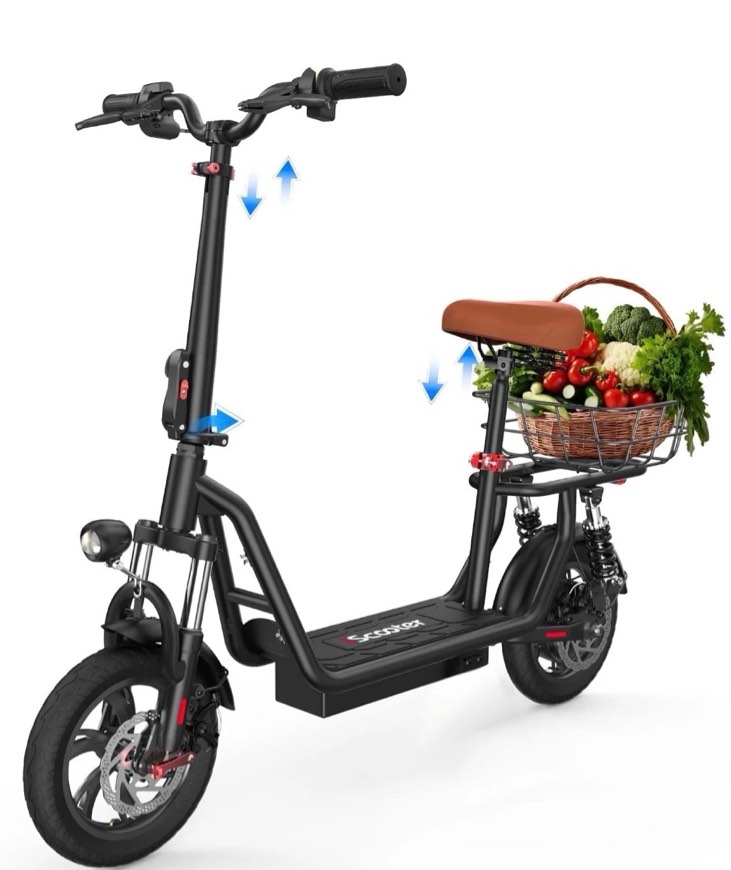 iScooter 500W Electric Scooter with Seat for Adult, 12" Commuter E-Scooter Up to 21 Miles 15.5 MPH with Dual Shock Absorbers and Basket