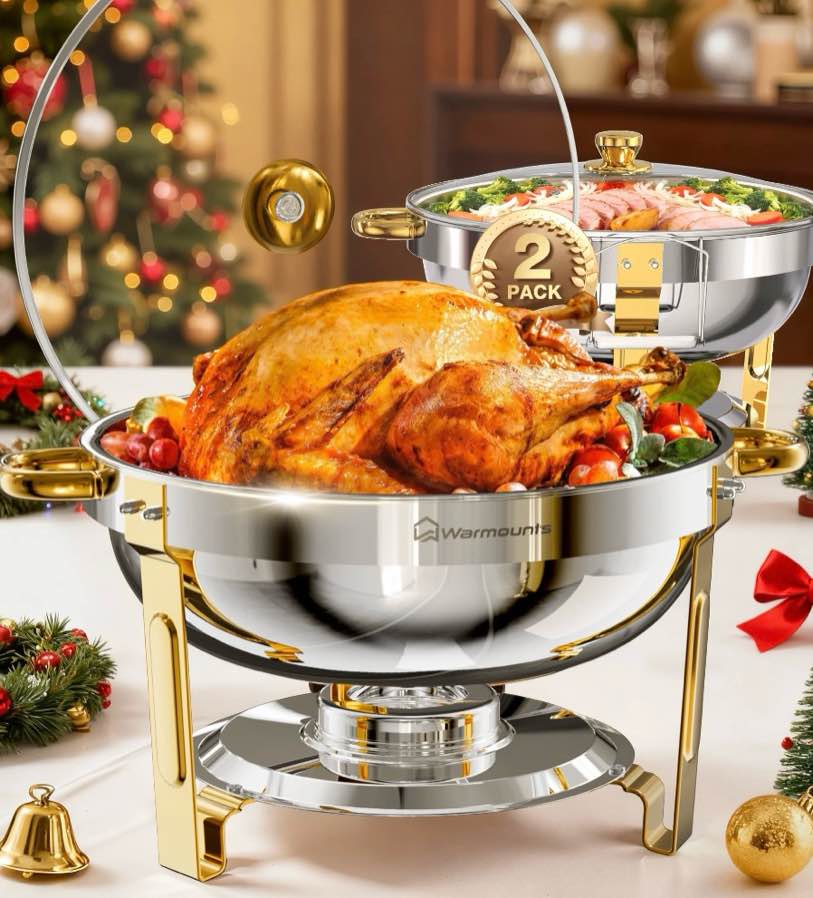 warmounts chafing dish buffet set, 5qt 2 pack gold accent stainless steel chafers and buffet warmers sets with glass lid & lid holder for parties catering events weddings banquets