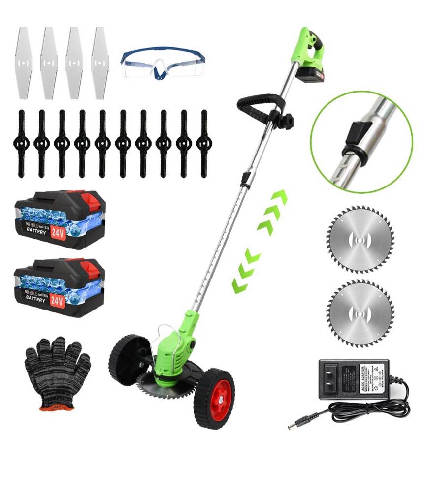 24v 650w electric grass trimmer with battery, cordless weed eater with wheels, electric weed wacker, lawn mower cordless pruning cutter weed wacker garden trimming tool