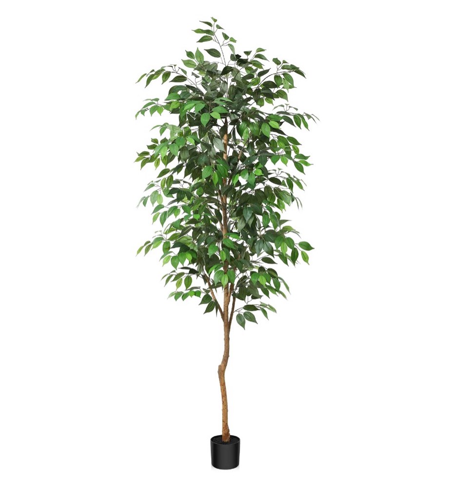 7ft artificial ficus tree with natural wood trunk and lifelike leaves, silk fake potted tree with wood branches, faux tree for office home decor