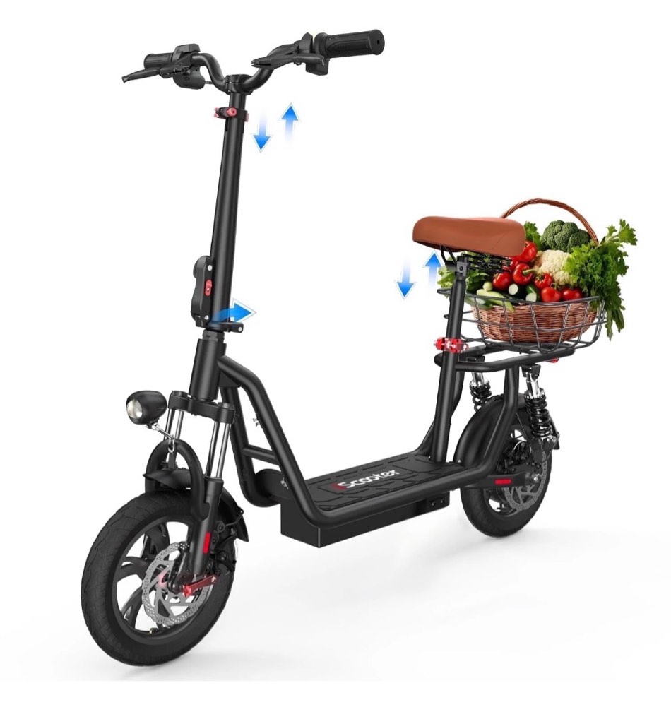 iscooter 500w electric scooter with seat for adult, 12" commuter e-scooter up to 21 miles 15.5 mph with dual shock absorbers and basket