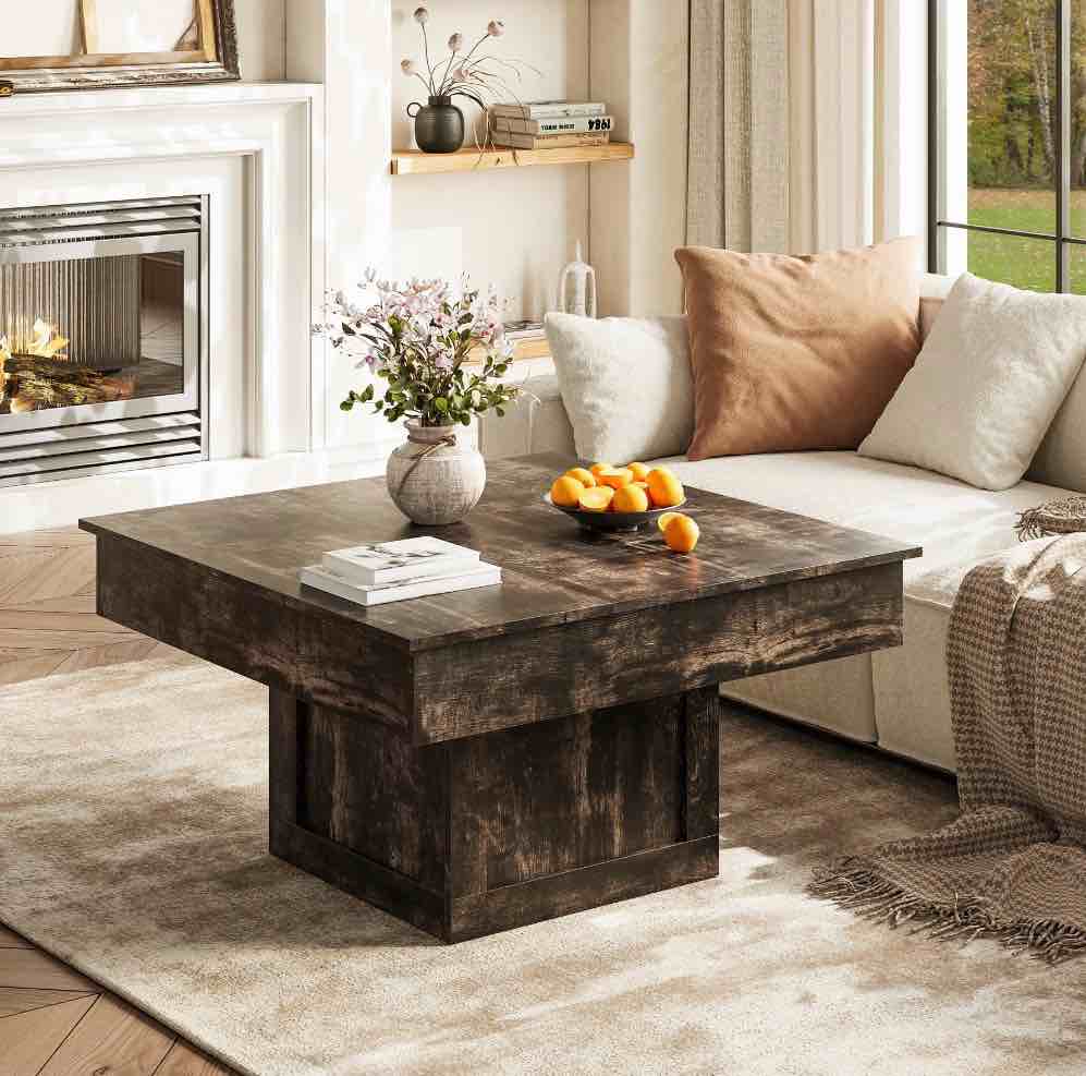 GUNAITO Lift Top Coffee Table with LED Lights, Modern Farmhouse Center Table with Storage, 31.5''Hx31.5''Wx19''D, Black