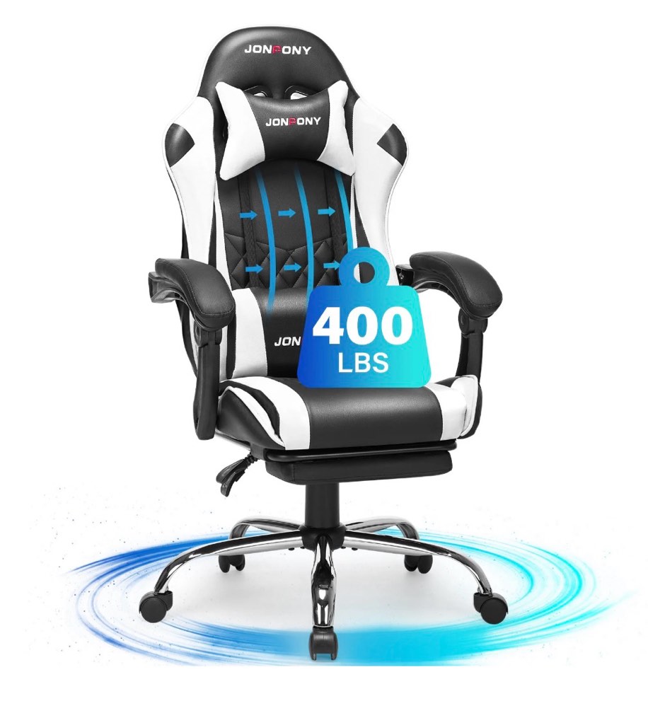 JONPONY Big and Tall 400LBS Gaming Chair, Ergonomic Design, Gamer Chair PU Leather with Footrest and Lumbar Support, High Back Office Chair Support 8 Hours Long Sitting, Computer Chair,White