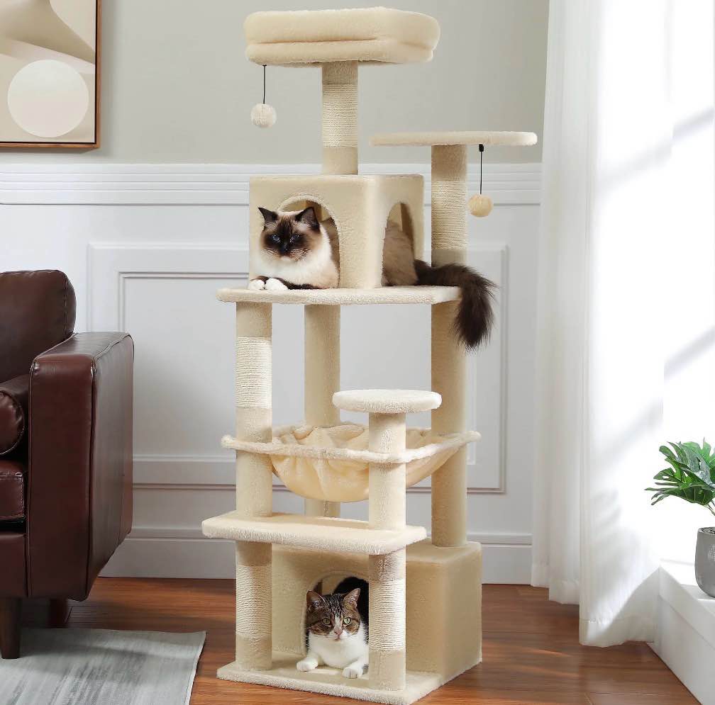 PAWZ Road Cat Tree Condo 54" with Sisal Covered Scratching Posts Tower Deep Hammock and Large Perch for Small Cats, Beige