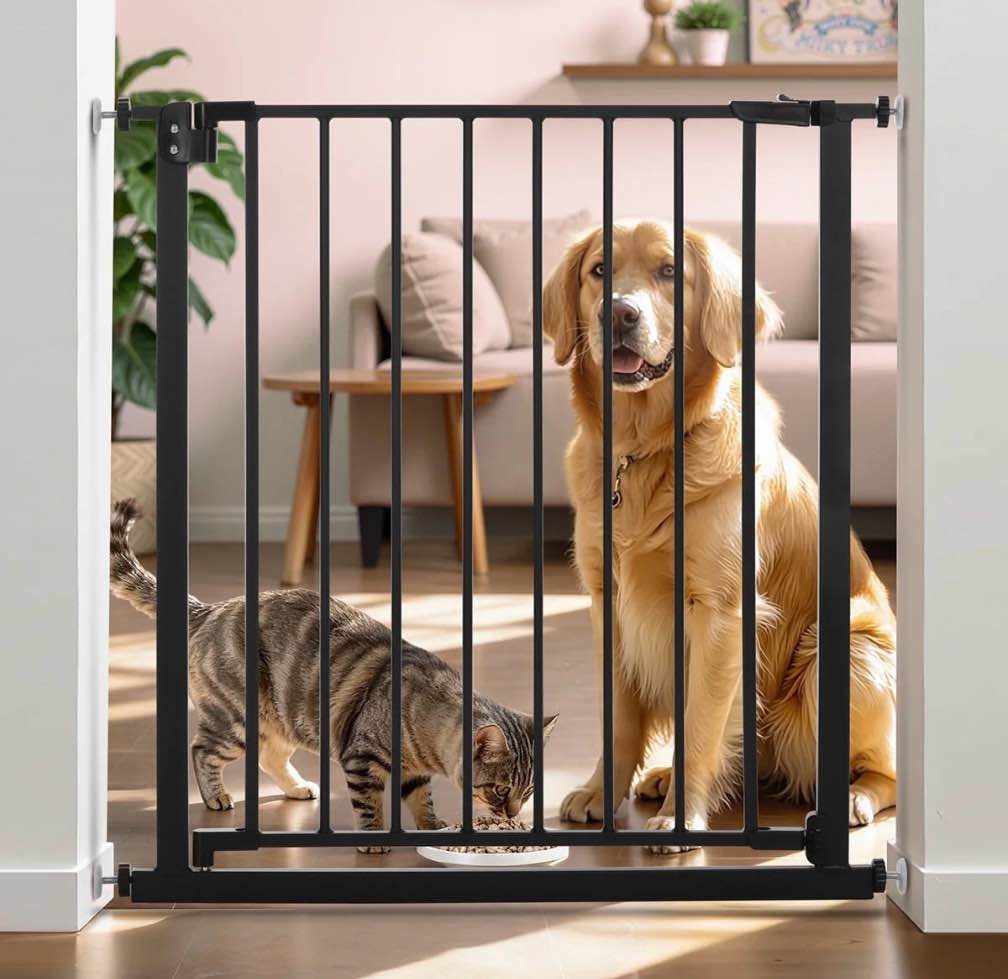 Pet Gate, Caveen 29.5''-32.2''Dog Gates for Stairs & Doorways, Gate for Ages 6 to 36 Months, Black